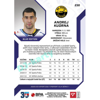 2022/23 Sportzoo ELH 1. série #230 Andrej Kudrna Blue xx/99