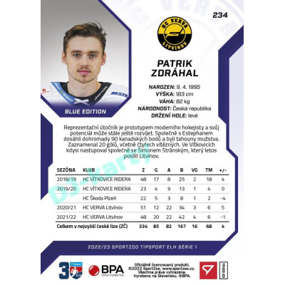 2022/23 Sportzoo ELH 1. série #234 Patrik Zdráhal Blue xx/99