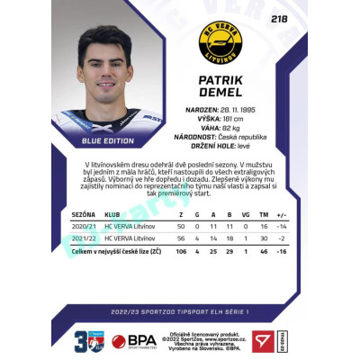 2022/23 Sportzoo ELH 1. série #218 Patrik Demel Blue xx/99