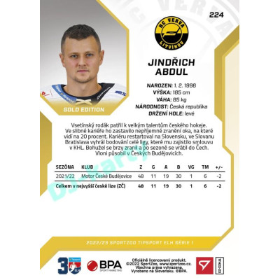 2022/23 Sportzoo ELH 1. série #224 Jindřich Abdul Gold xx/19