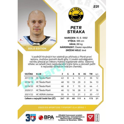 2022/23 Sportzoo ELH 1. série #231 Petr Straka Gold xx/19