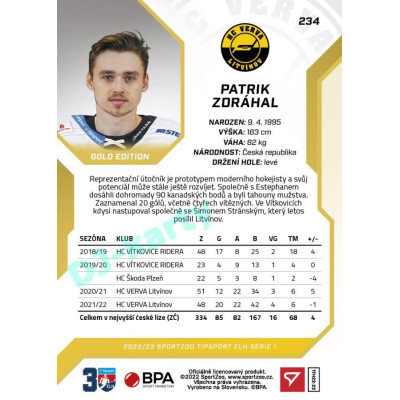 2022/23 Sportzoo ELH 1. série #234 Patrik Zdráhal Gold xx/19