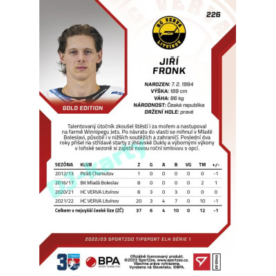 2022/23 Sportzoo ELH 1. série #226 Jiří Fronk Red xx/49