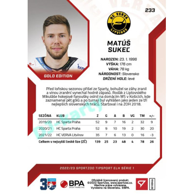 2022/23 Sportzoo ELH 1. série #233 Matúš Sukeľ Red xx/49