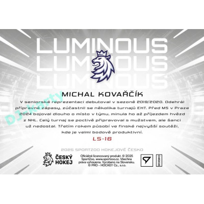 2025 Sportzoo Hokejové ČESKO #LS-16 Michal Kovařčík Luminous
