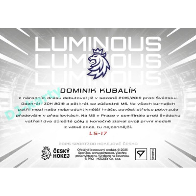 2025 Sportzoo Hokejové ČESKO #LS-17 Dominik Kubalík Luminous