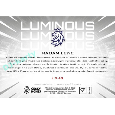 2025 Sportzoo Hokejové ČESKO #LS-18 Radan Lenc Luminous