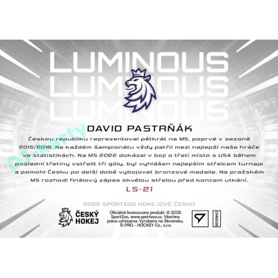 2025 Sportzoo Hokejové ČESKO #LS-21 David Pastrňák Luminous