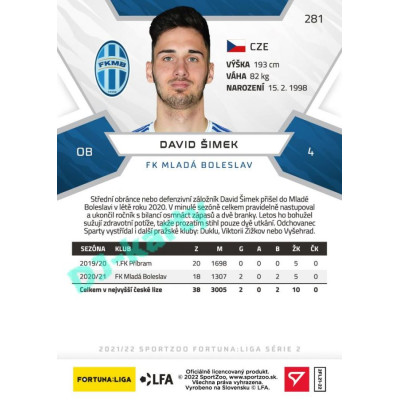 2021/22 Sportzoo Fortuna Liga 2. série #281 David Šimek