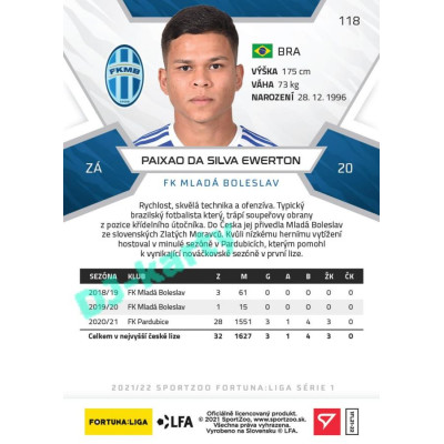 2021/22 Sportzoo Fortuna Liga Paixao Da Silva Ewerton #118