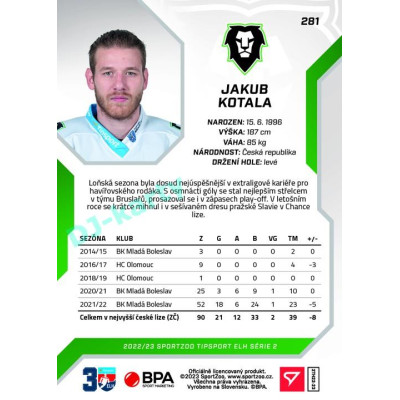 2022/23 Sportzoo ELH 2. série #281 Jakub Kotala