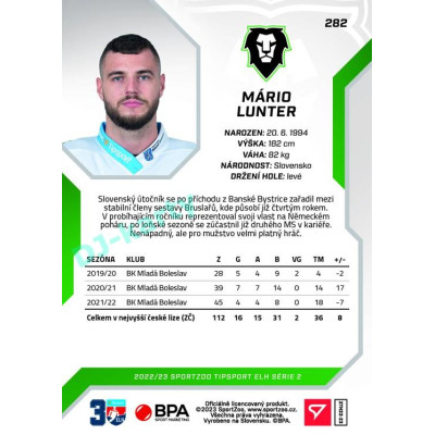 2022/23 Sportzoo ELH 2. série #282 Mário Lunter