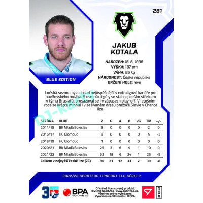 2022/23 Sportzoo ELH 2. série #281 Jakub Kotala Blue xx/99