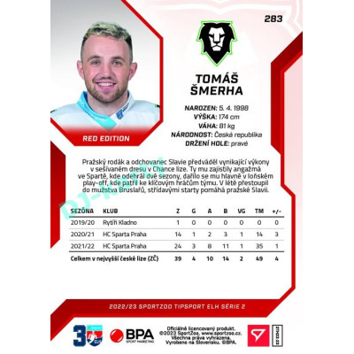 2022/23 Sportzoo ELH 2. série #283 Tomáš Šmerha Red xx/49