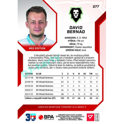 2022/23 Sportzoo ELH 2. série #277 David Bernad Red xx/49