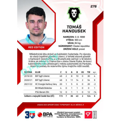 2022/23 Sportzoo ELH 2. série #278 Tomáš Hanousek Red xx/49