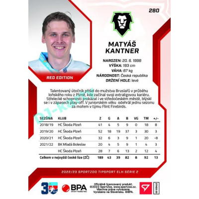 2022/23 Sportzoo ELH 2. série #280 Matyáš Kantner Red xx/49