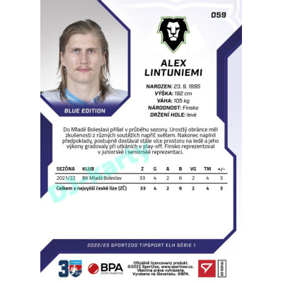 2022/23 Sportzoo ELH 1. série #059 Alex Lintuniemi Blue xx/99
