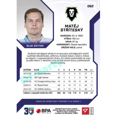 2022/23 Sportzoo ELH 1. série #062 Matěj Stříteský Blue xx/99