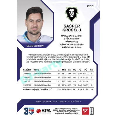 2022/23 Sportzoo ELH 1. série #055 Gašper Krošelj Blue xx/99