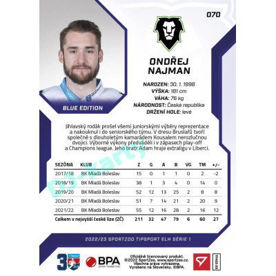 2022/23 Sportzoo ELH 1. série #070 Ondřej Najman Blue xx/99