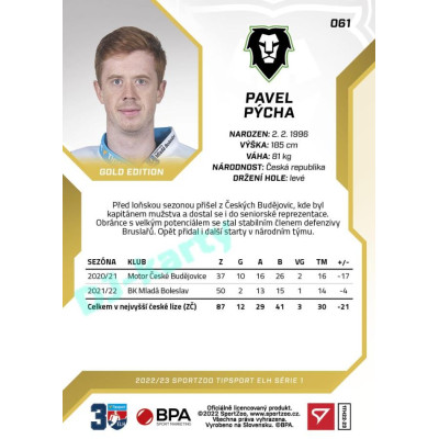 2022/23 Sportzoo ELH 1. série #061 Pavel Pýcha Gold xx/19