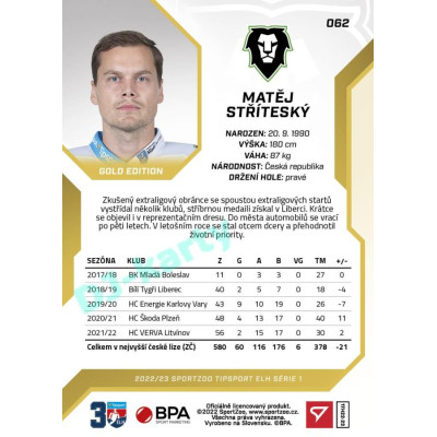 2022/23 Sportzoo ELH 1. série #062 Matěj Stříteský Gold xx/19