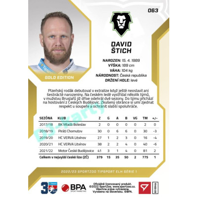 2022/23 Sportzoo ELH 1. série #063 David Štich Gold xx/19