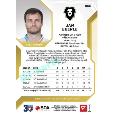 2022/23 Sportzoo ELH 1. série #066 Jan Eberle Gold xx/19