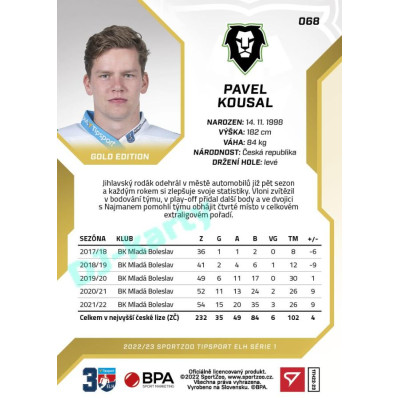 2022/23 Sportzoo ELH 1. série #068 Pavel Kousal Gold xx/19