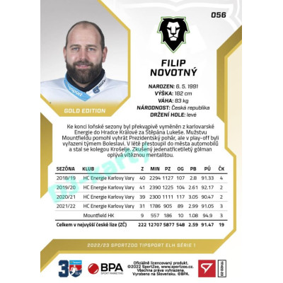 2022/23 Sportzoo ELH 1. série #056 Filip Novotný Gold xx/19