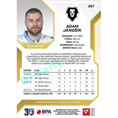 2022/23 Sportzoo ELH 1. série #057 Adam Jánošík Gold xx/19