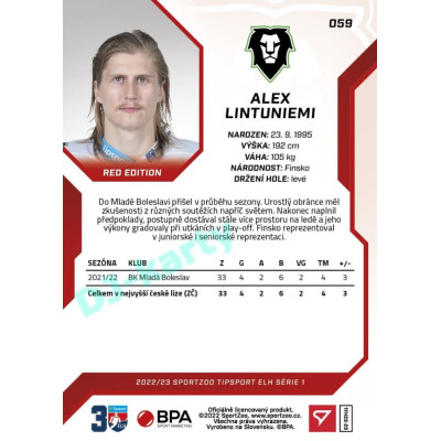 2022/23 Sportzoo ELH 1. série #059 Alex Lintuniemi Red xx/49