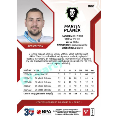 2022/23 Sportzoo ELH 1. série #060 Martin Pláněk Red xx/49