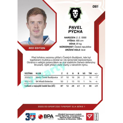 2022/23 Sportzoo ELH 1. série #061 Pavel Pýcha Red xx/49