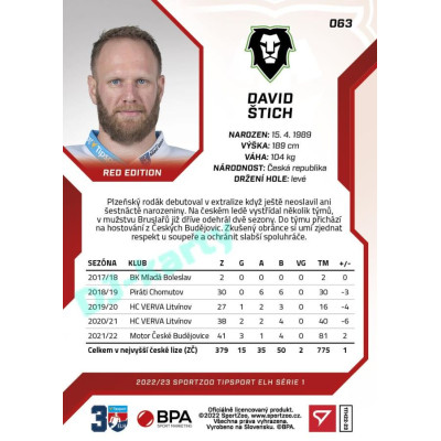 2022/23 Sportzoo ELH 1. série #063 David Štich Red xx/49