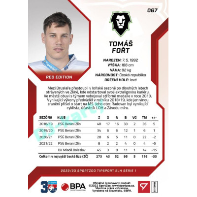2022/23 Sportzoo ELH 1. série #067 Tomáš Fořt Red xx/49