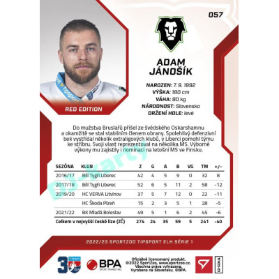 2022/23 Sportzoo ELH 1. série #057 Adam Jánošík Red xx/49