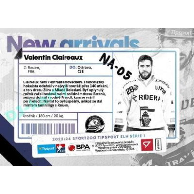 2023/24 Sportzoo ELH 1. série #NA-05 Valentin Claireaux New Arrival