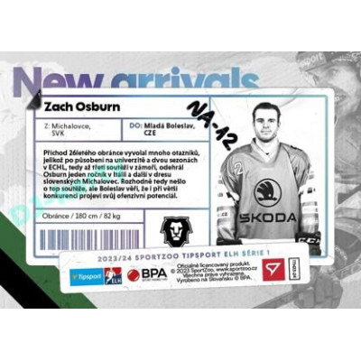 2023/24 Sportzoo ELH 1. série #NA-12 Zach Osburn New Arrival