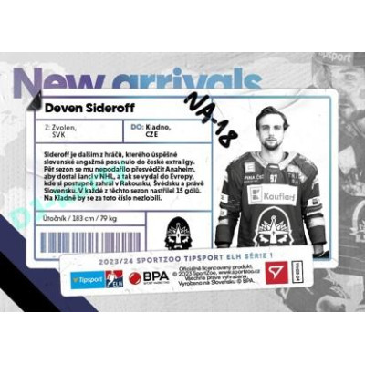2023/24 Sportzoo ELH 1. série #NA-18 Deven Sideroff New Arrival