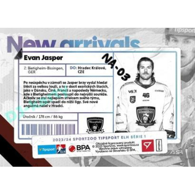 2023/24 Sportzoo ELH 1. série #NA-03 Evan Jasper New Arrival