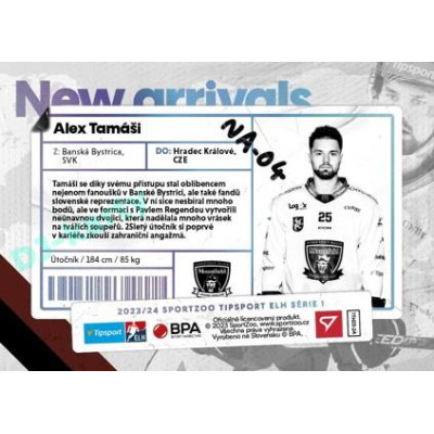 2023/24 Sportzoo ELH 1. série #NA-04 Alex Tamáši New Arrival