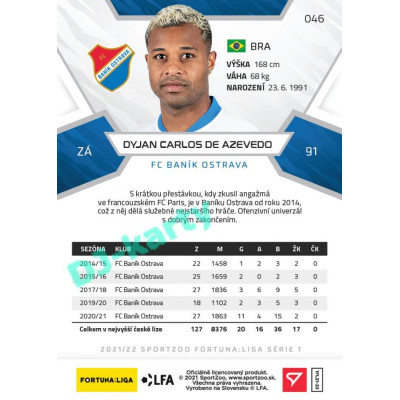 2021/22 Sportzoo Fortuna Liga Dyjan Carlos De Azevedo #46