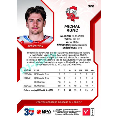 2022/23 Sportzoo ELH 2. série #326 Michal Kunc Red xx/49