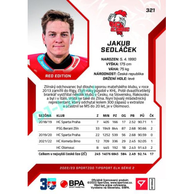 2022/23 Sportzoo ELH 2. série #321 Jakub Sedláček Red xx/49