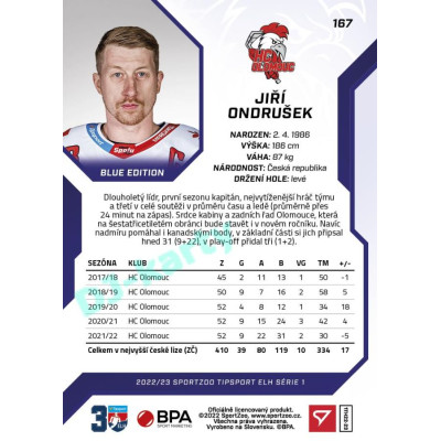 2022/23 Sportzoo ELH 1. série #167 Jiří Ondrušek Blue xx/99