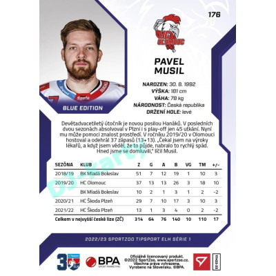 2022/23 Sportzoo ELH 1. série #176 Pavel Musil Blue xx/99
