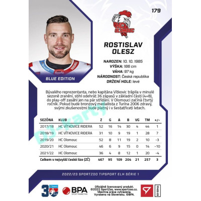 2022/23 Sportzoo ELH 1. série #179 Rostislav Olesz Blue xx/99