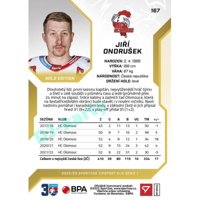 2022/23 Sportzoo ELH 1. série #167 Jiří Ondrušek Gold xx/19